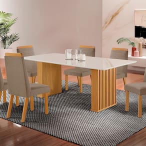 Conjunto Sala de Jantar Mesa Imperatriz 1,80x0,90 com 06 Cadeiras Catar Yescasa Castanho / Capuccino /Off White