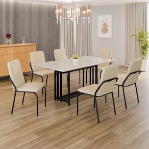Conjunto Sala de Jantar Mesa 160x90cm Base Pérola Tampo MDF com Vidro Malibu Creme / Preto