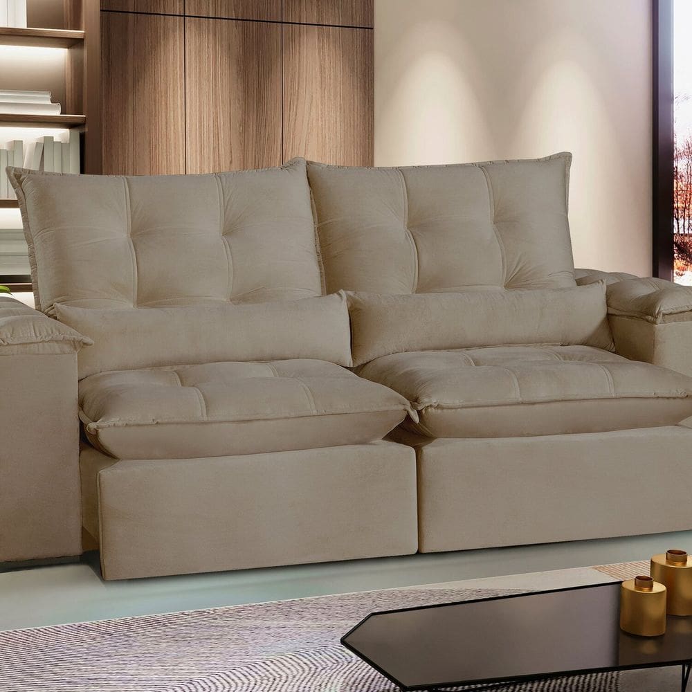 Sofá San Paulo Retrátil e Reclinável - Assento com Molas – 250 cm Veludo Bege Castor