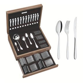 Faqueiro Cannes 101 Peças em Aço Inox com Facas de Mesa Forjadas Acabamento Alto Brilho com Estojo de Madeira Tramontina 66979/215