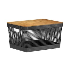 Cesto Organizador Grid Preto 20 L com Tampa de Bambu 39 x 29 x 22,6 cm