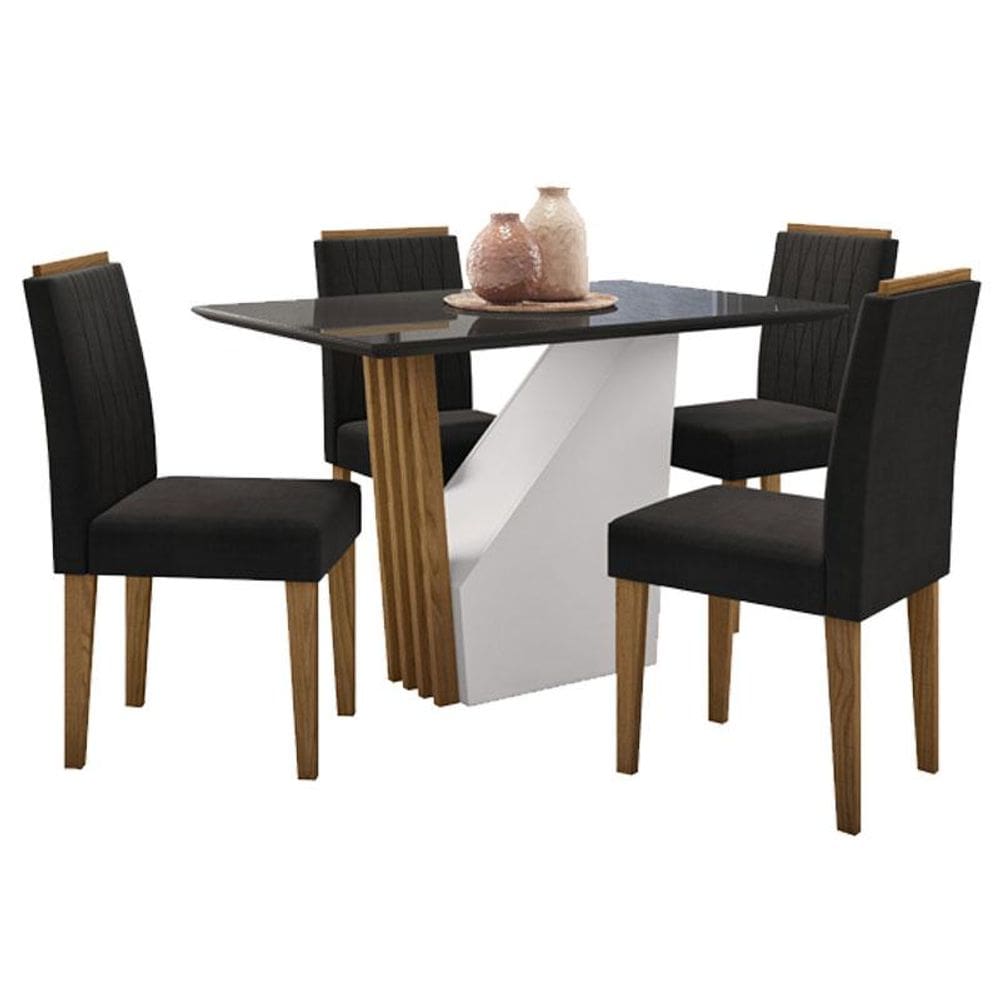 Mesa de jantar Veneza 120x80 cm com Vidro Ype Preto e 4 Cadeiras Ana Ype Veludo Preto - New Ceval