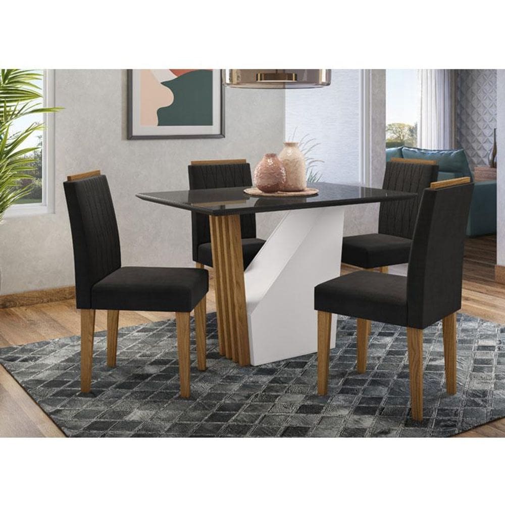 Mesa de jantar Ambiente Veneza 120x80 cm com Vidro Ype Preto e 4 Cadeiras Ana Ype Veludo Preto - New Ceval