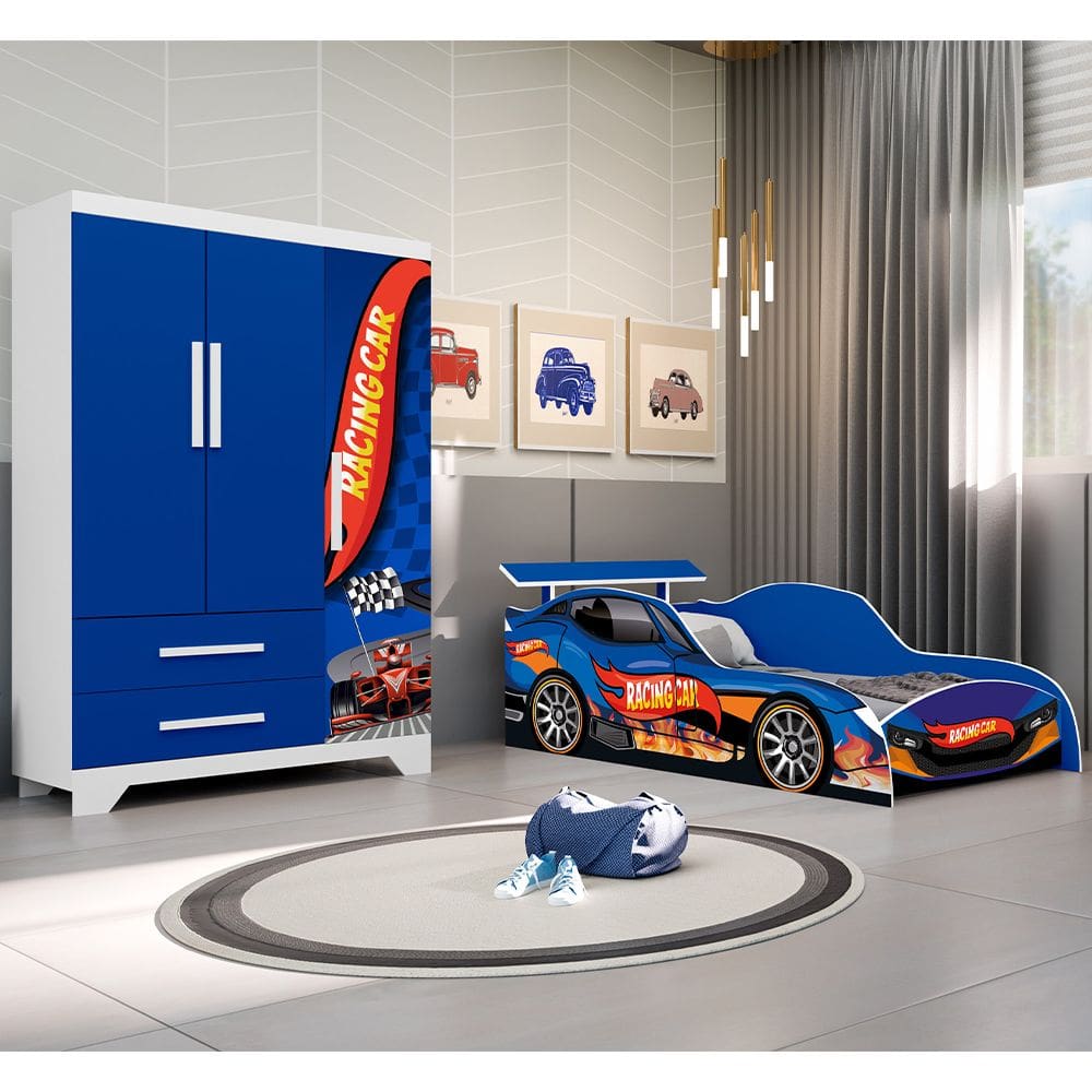 Jogo de Quarto Infantil - Cama e Guarda Roupa Carro - Azul