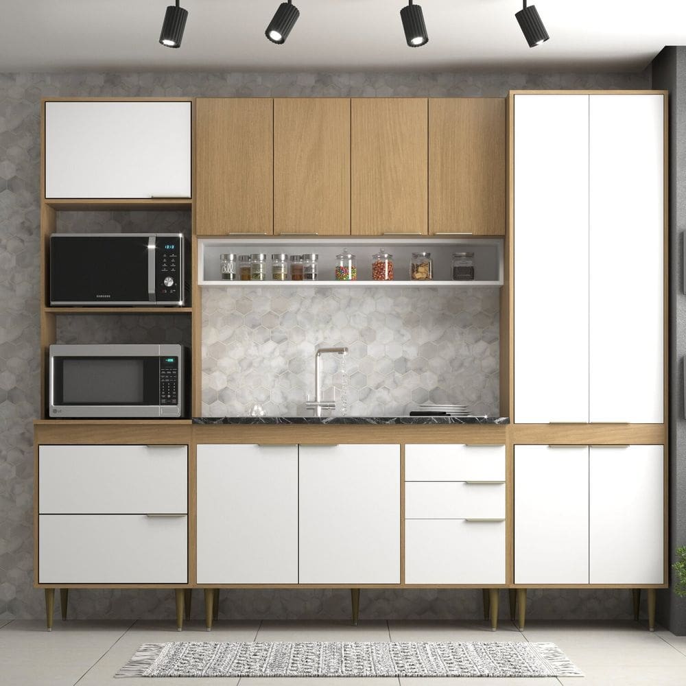 Cozinha Armário Modulado 4 Peças 240 Cm Comprimento Ágata Nogal/Branco