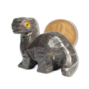 01 Dinossauro Preto Esculpido Pedra Artesanato em Dolomita