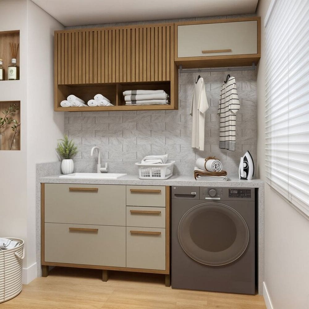 Lavanderia Modulada 2 Armários Aéreos e Balcão Torino Cinamomo/Off White