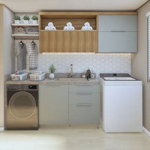 Lavanderia Modulada com 2 Armários Aéreos e 1 Balcão 1 Porta 100% MDF Marrom/Verde