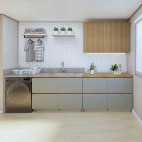 Lavanderia Modulada com 2 Balcões e 1 Amario Aéreo Porta Ripada 100% MDF Rainha Marrom/Verde