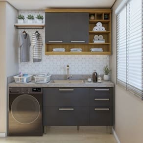 Lavanderia Modulada com Balcão e Armário Aéreo com Nicho 100% Mdf Burguesa Amadeirado Freijó/Grafite