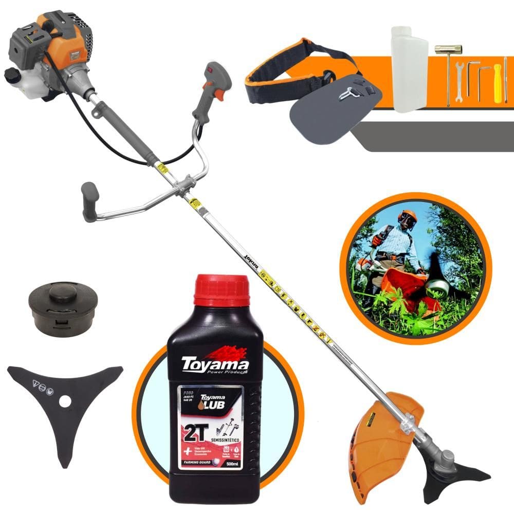 Máquina de Cortar Grama Á Gasolina Tekna RL520-P Plus 2T 52cc 2HP 10.000RPM Roçadeira Lateral Com Faca 3 Pontas e Carretel Nylon + ÓLEO TOYAMA 2T