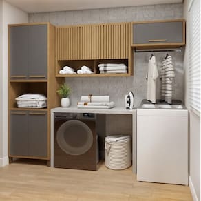 Lavanderia Modulada Armário Multiúso e 2 Armários Aéreos Torino Cinamomo/Grafite