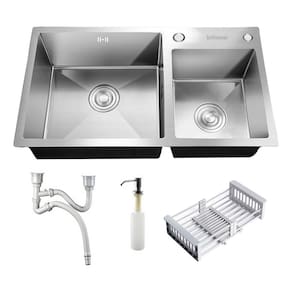 Kit Cuba Dupla Pia Completa Com Acessórios Cozinha Gourmet Prata E Torneira Monocomando Misturador Flexível Silicone Brinovar