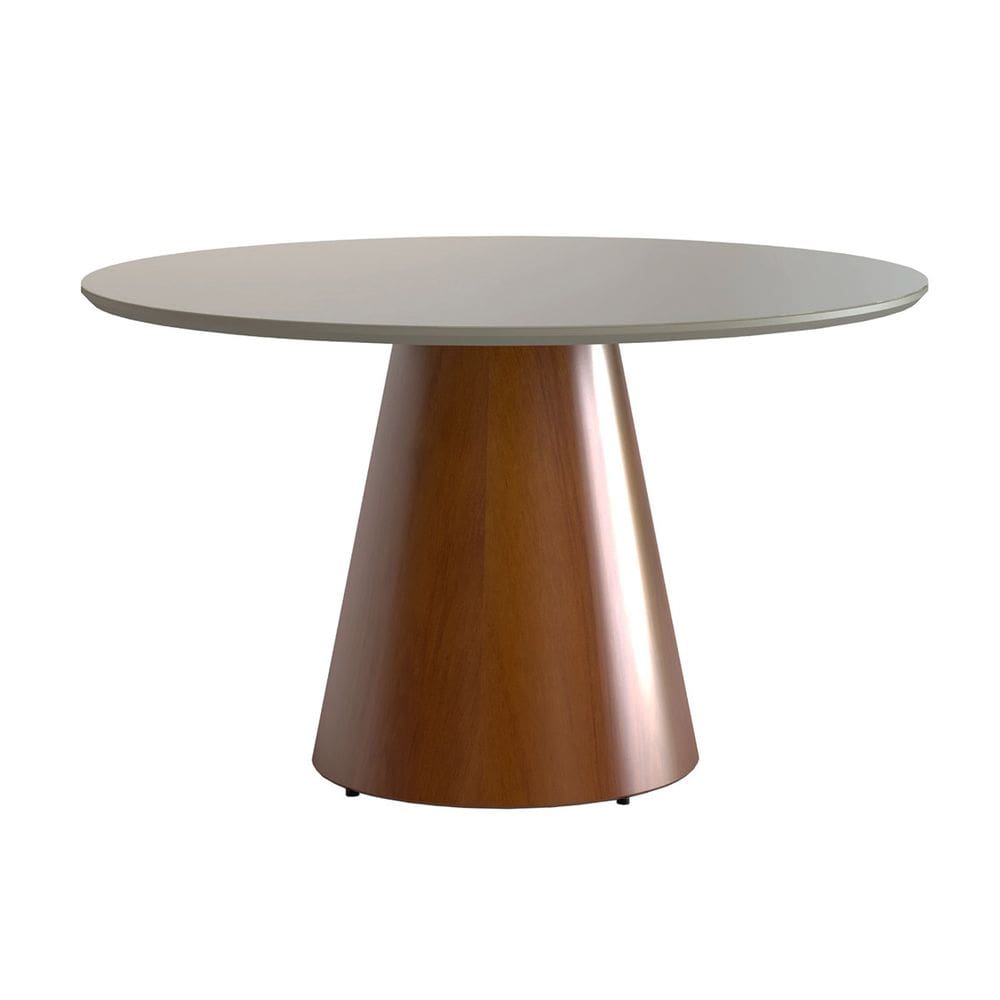 Mesa de Jantar Redonda 140cm Liz com Tampo Vidro Off White Base Cone Amadeirado CCS
