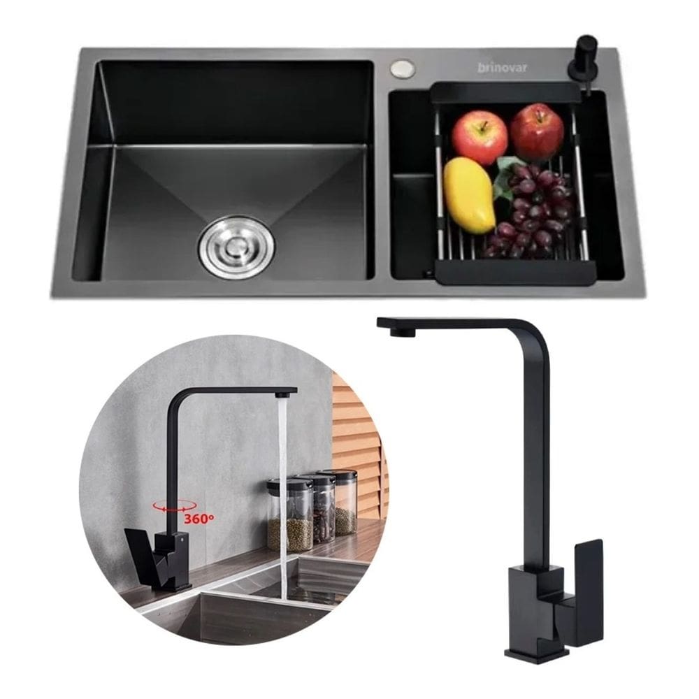 Kit Cuba Pia Gourmet Dupla Preta Cozinha Aço Inox E Torneira Em L Slim Preto Brinovar