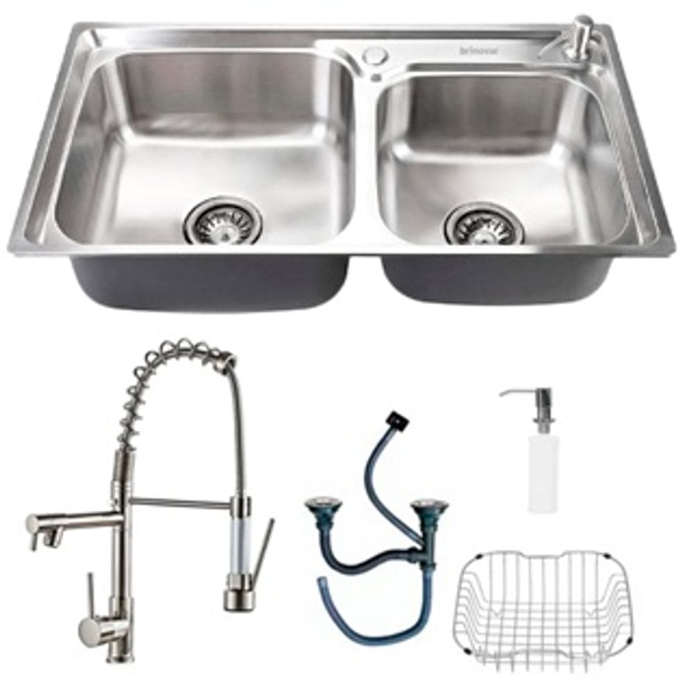 Kit Cuba Dupla Pia Cozinha Gourmet Luxo Completa Com Acessórios Prata E Torneira Monocomando Misturador Aço Inox Brinovar