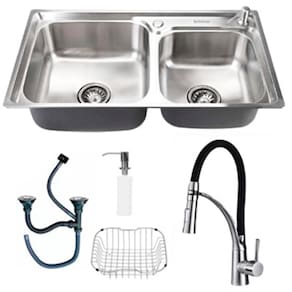 Kit Cuba Pia Dupla Cozinha Gourmet Completa Com Acessórios E Torneira Flexível Silicone Aço Inox Brinovar