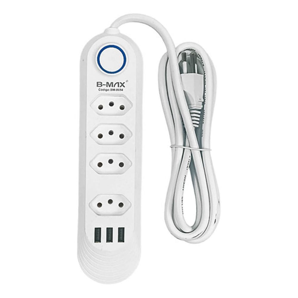 Extensão Régua de Tomada Energia 4 Tomadas 3 USB Carregador de Celular Cabo de 2 metros Bivolt 110v 220v 2500W 10A