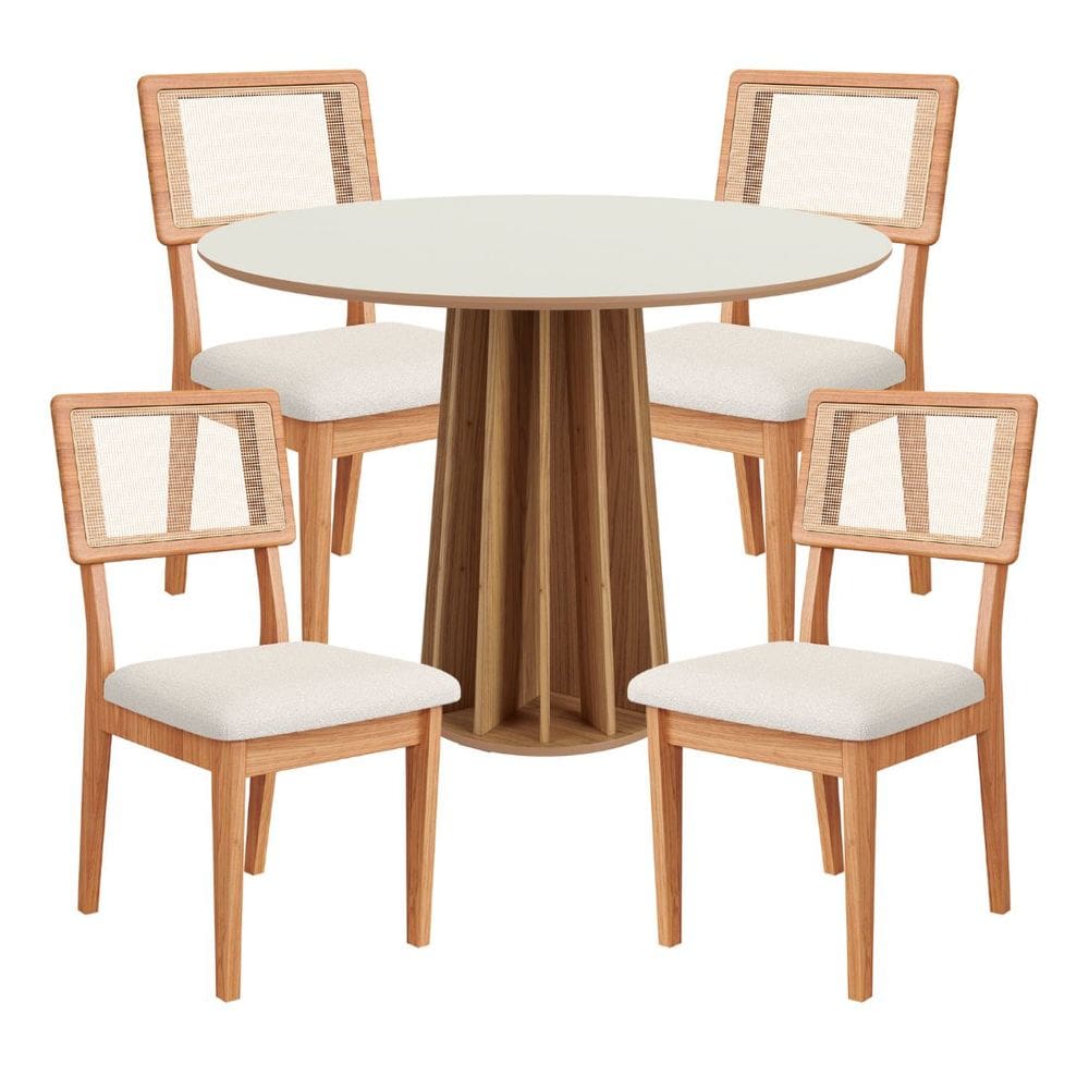 Conjunto Mesa de Jantar Redonda Base Ripado com 4 Cadeiras Estofada Encosto Tela Bege Dalla Costa