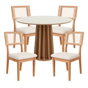 Conjunto Mesa de Jantar Redonda Base Ripado com 4 Cadeiras Estofada Encosto Tela Bege Dalla Costa