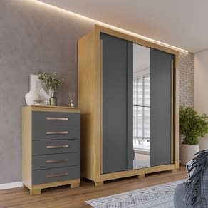Kit Guarda Roupa Casal Dallas 3 Portas 2 Gavetas com Espelho e Cômoda Aspen 5 Gavetas I01 - Clique Chique Móveis