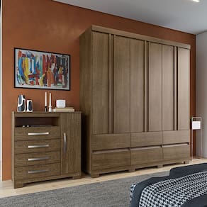 Kit Guarda Roupa Casal Arizona 6 Portas e Cômoda Aspen 1 Porta e 4 Gavetas Aspen I01 Malbec - Clique Chique Móveis
