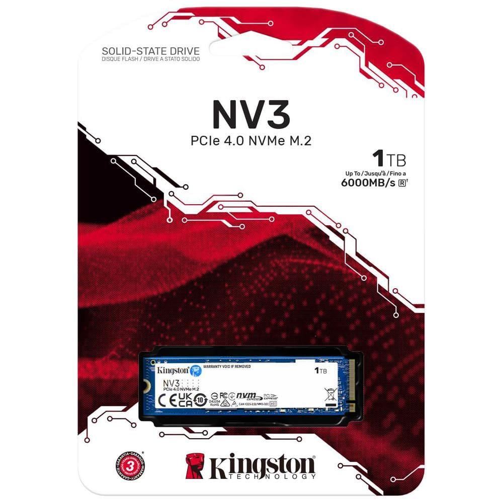 SSD 1TB Kingston NV3, M.2 2280, PCIe 4.0 NVMe, Leitura/Gravação: 6000/4000 MB/s, SNV3S/1000G KINGSTON