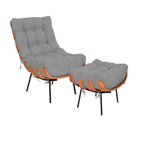 Poltrona e Puff Costela Com Base Metálica Preta no Linho Cinza - Vallisa Decor