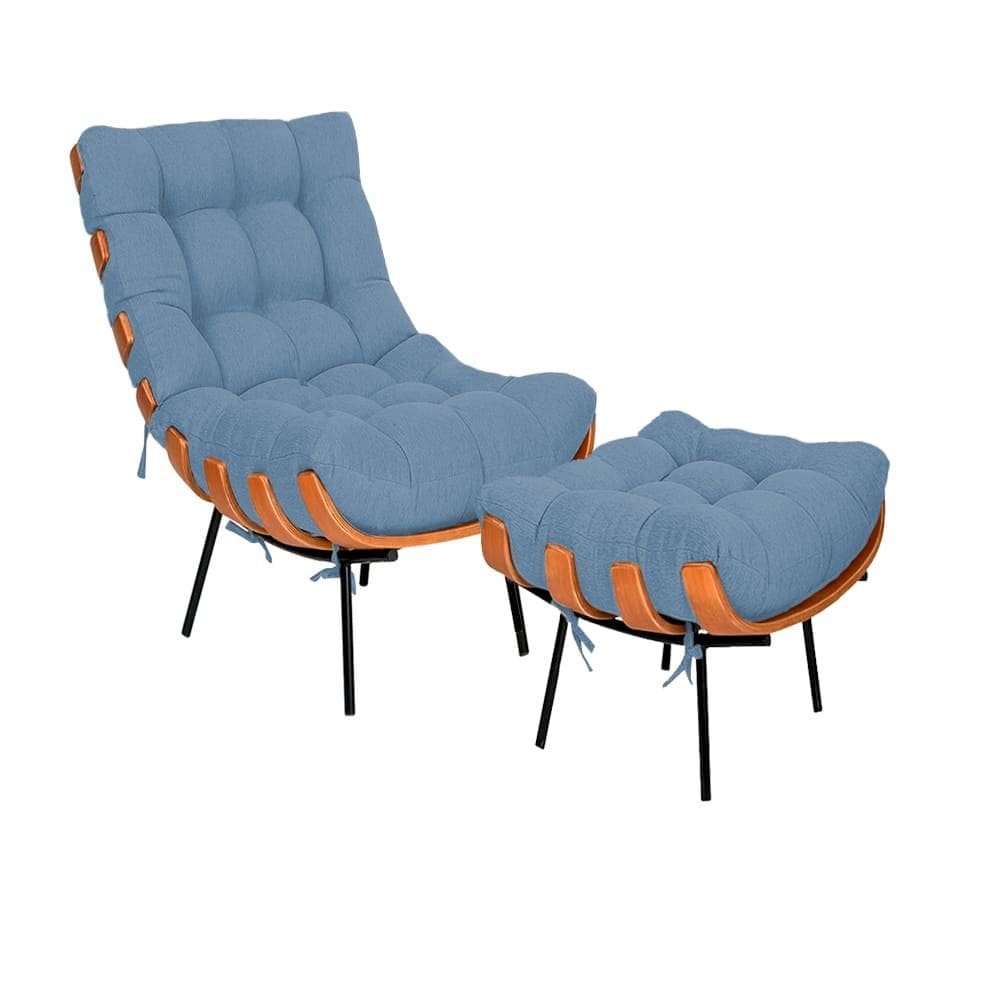 Kit Costela Poltrona e Puff Base Metálica Preta no Linho Azul - Vallisa Decor
