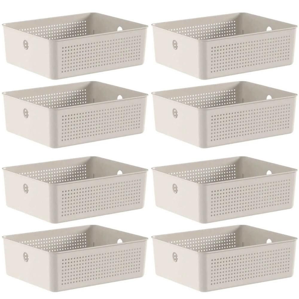 8 Caixas Organizadoras Multiuso Flow Bege 12L Ou Cestos Plásticos Lavanderia Closet