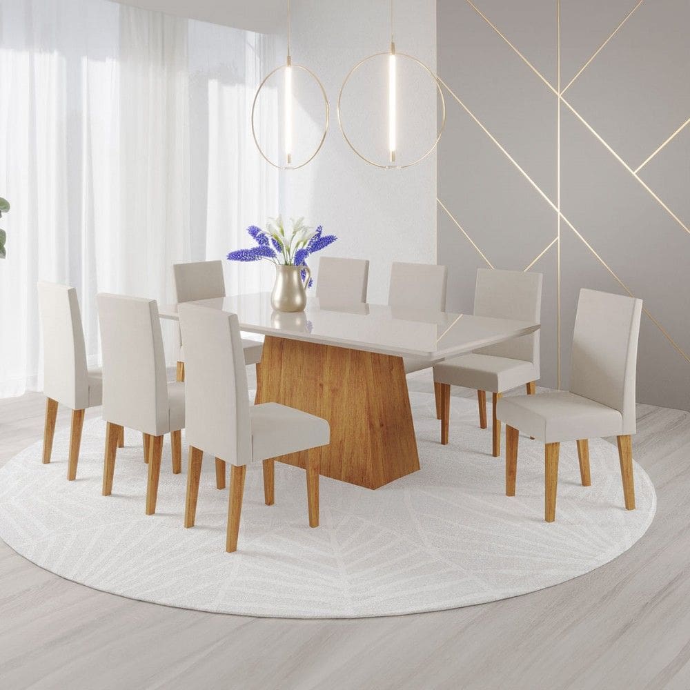 Mesa de Jantar 8 Lugares Bariloche com Vidro Marrom/Off White/Marim - Panorama Móveis