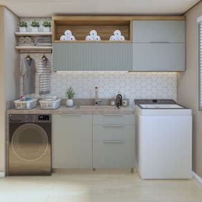 Lavanderia Modulada com 2 Armários Aéreos e 1 Balcão 1 Porta 100% Mdf Marrom/Verde