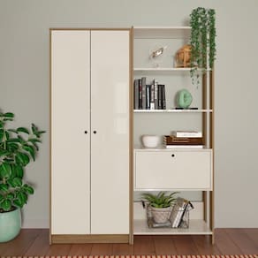 Kit 2 Peças Armário para Escritório Alto 2 Portas e Estante 4 Prateleiras Porta Basculante Off White/Carvalho