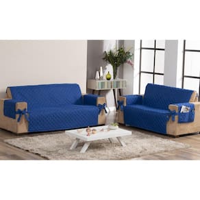 Kit De Sofá 2 E 3 Lugares Azul Porta Objetos Lateral E Laço