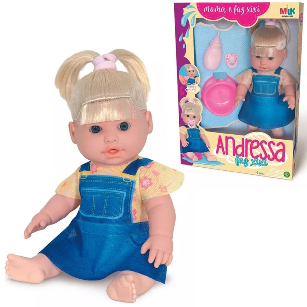 Boneca Bebê Infantil Andressa Faz Xixi 34cm Com Acessórios