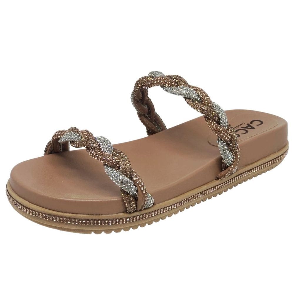 Chinelo Feminino Slide de Tiras Brilho Strass Flatform Cacci