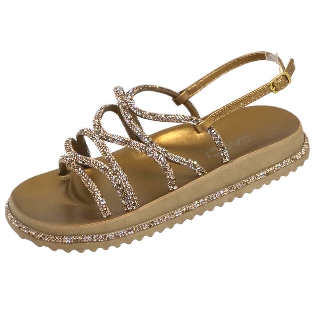 Sandália Metalizada Flat Cacci com Tiras em Strass