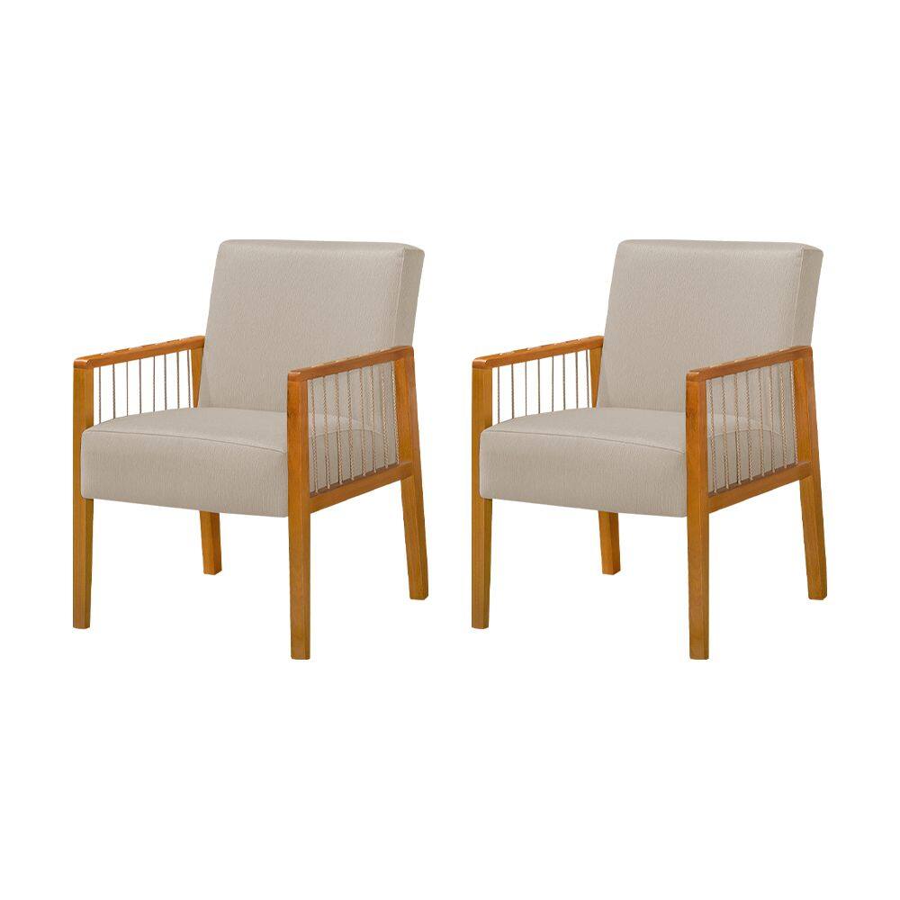 Kit 2 Poltronas Decorativas Base em Madeira Maciça e Corda Náutica Copacabana Linho Capuccino