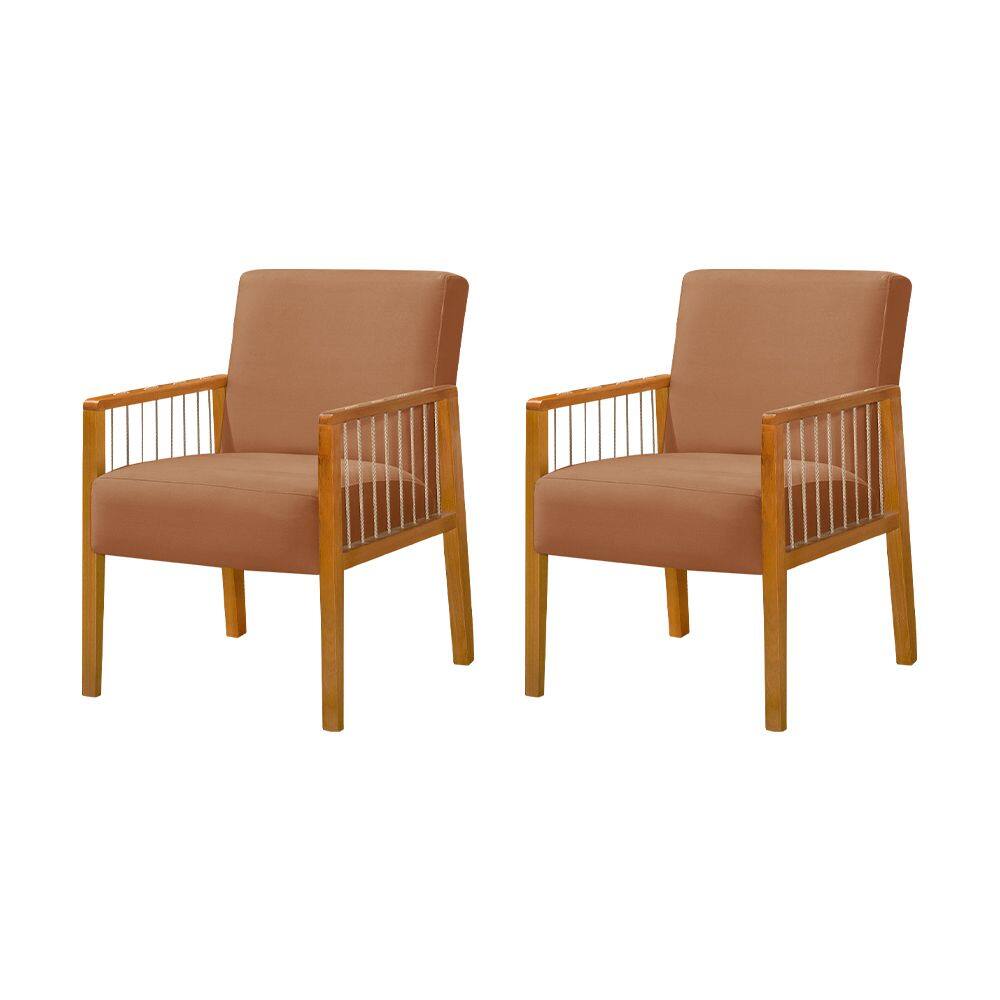 Kit 2 Poltronas Decorativas Base em Madeira Maciça e Corda Náutica Copacabana Veludo Terracota