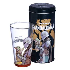 Baby Yoda E Mandaloriano Kit Copo De Vidro 500ml + Cofre Metal Oficial Star Wars