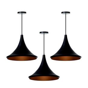 Kit 3 Lustre Pendente Chapéu Chinês 33Cm Preto Alumínio