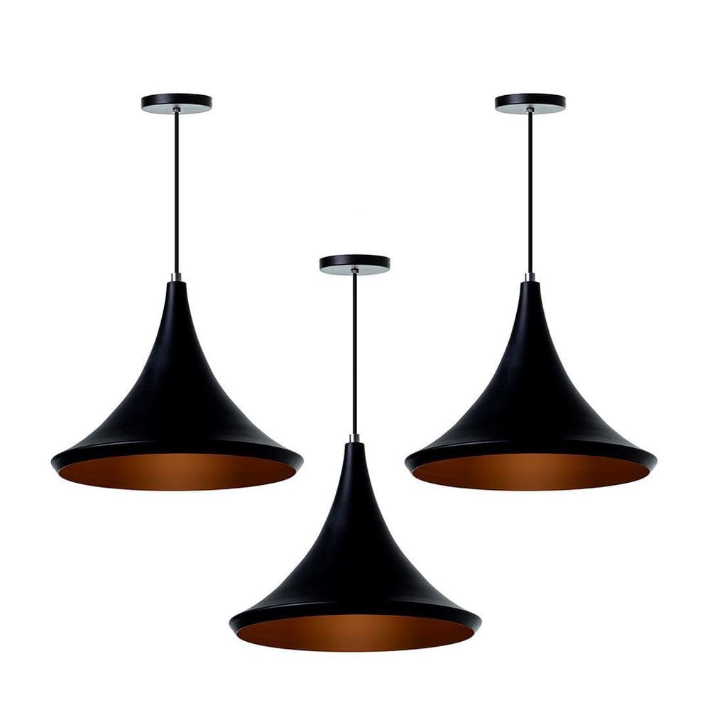 Kit 3 Lustre Pendente Chapéu Chinês 33Cm Preto Alumínio