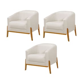 Kit 3 Poltronas Living Base em Madeira Maciça Flórida Linho Crú