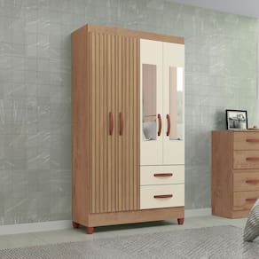 Guarda-Roupa Solteiro Fortaleza 4 Portas 2 Gavetas com Espelho Ripado 3d Canelato/Off White - Atualle Móveis