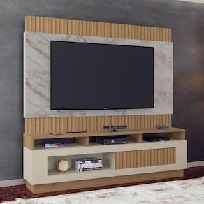 Estante para TV Até 65 Polegadas Toronto 1 Porta Ripado 3d com Espelho Canelato/Gratino/Off White - Atualle Móveis
