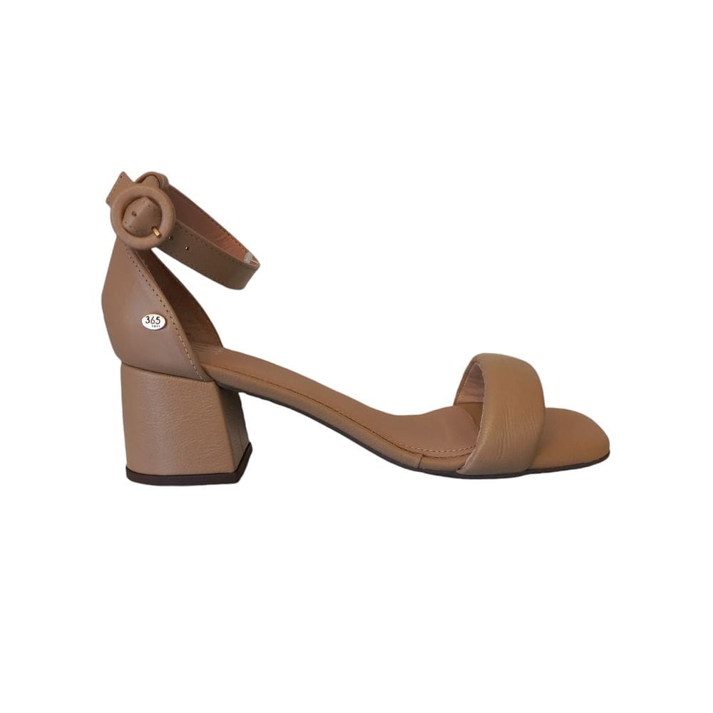 Sandália Feminina Bege em Couro Salto Médio Grosso Conforto