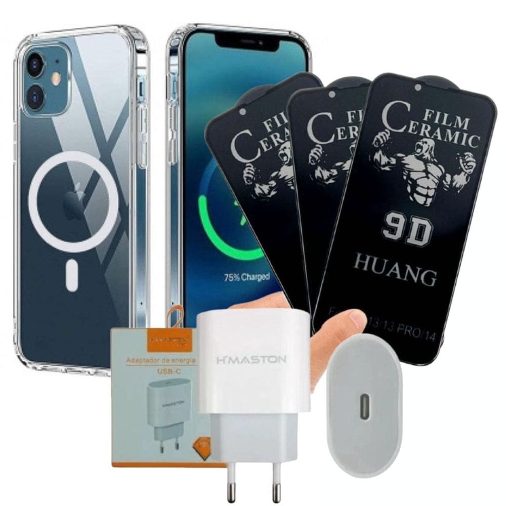 CAPA lPHONE 13 COM MAGSAFE + PELÍCULA DE PRIVACIDADE + CARREGADOR FONTE