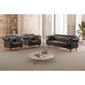 Conjunto Sofá Chesterfield 3 Lugares + 2 Poltronas couro Ecológico Preto 300