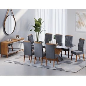 Conjunto Mesa de Jantar Retangular 200x90 Pipa com 8 Cadeiras Vegas e Buffet 4 Portas com Espelhos a Mel/Cinza/Grafite