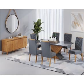 Conjunto Mesa de Jantar Retangular 180x90 Epic com 6 Cadeiras Iza e Buffet 4 Portas Eifel Mel/Grafite/Cinza
